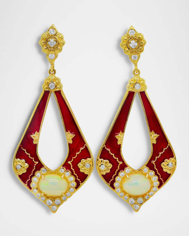 Colors of Life 18K Yellow Gold Red Enamel Earrings with Ethiopian Opals and Diamonds